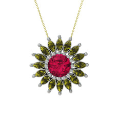 Taşlı Papatya Kolye - Rodolit garnet ve peridot 14 ayar beyaz altın kolye (40 cm altın rolo zincir) #18zexb7