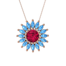 Taşlı Papatya Kolye - Rodolit garnet ve akuamarin 18 ayar rose altın kolye (40 cm rose altın rolo zincir) #192784n