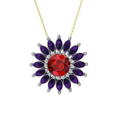 Taşlı Papatya Kolye - Garnet ve ametist 925 ayar gümüş kolye (40 cm gümüş rolo zincir) #196t6fk