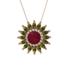 Taşlı Papatya Kolye - Kök yakut ve peridot 925 ayar rose altın kaplama gümüş kolye (40 cm rose altın rolo zincir) #198yzej