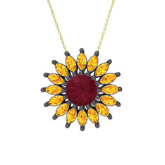 Taşlı Papatya Kolye - Kök yakut ve sitrin 925 ayar siyah rodyum kaplama gümüş kolye (40 cm gümüş rolo zincir) #19bx5qx