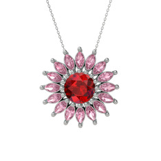 Taşlı Papatya Kolye - Garnet ve pembe kuvars 14 ayar beyaz altın kolye (40 cm beyaz altın rolo zincir) #19etrui