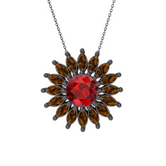 Garnet ve dumanlı kuvars 925 ayar siyah rodyum kaplama gümüş kolye (40 cm gümüş rolo zincir)