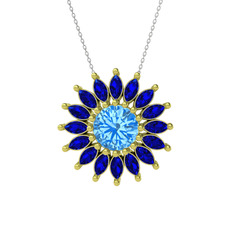 Taşlı Papatya Kolye - Akuamarin ve lab safir 14 ayar altın kolye (40 cm beyaz altın rolo zincir) #19vqe7o