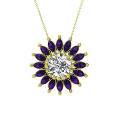 Taşlı Papatya Kolye - Swarovski ve ametist 925 ayar altın kaplama gümüş kolye (40 cm altın rolo zincir) #1a01kgo