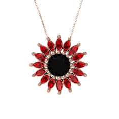 Taşlı Papatya Kolye - Siyah zirkon ve garnet 14 ayar rose altın kolye (40 cm rose altın rolo zincir) #1a5zkho