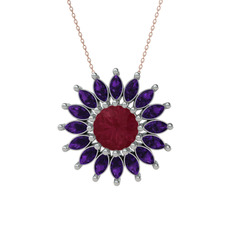 Taşlı Papatya Kolye - Kök yakut ve ametist 14 ayar beyaz altın kolye (40 cm gümüş rolo zincir) #1ad98dv