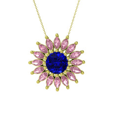 Lab safir ve pembe kuvars 18 ayar altın kolye (40 cm gümüş rolo zincir)