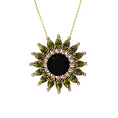 Taşlı Papatya Kolye - Siyah zirkon ve peridot 925 ayar rose altın kaplama gümüş kolye (40 cm altın rolo zincir) #1akhpag