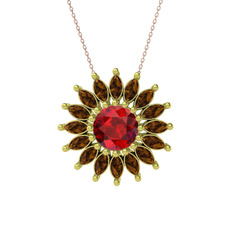 Taşlı Papatya Kolye - Garnet ve dumanlı kuvars 8 ayar altın kolye (40 cm rose altın rolo zincir) #1b2bi95