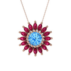 Taşlı Papatya Kolye - Akuamarin ve rodolit garnet 8 ayar rose altın kolye (40 cm rose altın rolo zincir) #1b7h33u