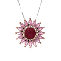 Taşlı Papatya Kolye - Kök yakut ve pembe kuvars 18 ayar rose altın kolye (40 cm beyaz altın rolo zincir) #1bant2t