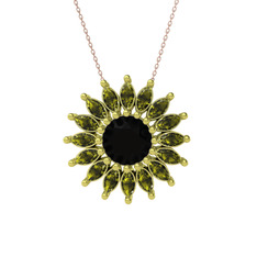 Taşlı Papatya Kolye - Siyah zirkon ve peridot 14 ayar altın kolye (40 cm rose altın rolo zincir) #1bk12d1