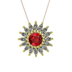 Taşlı Papatya Kolye - Garnet ve beyaz zirkon 8 ayar altın kolye (40 cm rose altın rolo zincir) #1brg19j