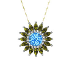 Taşlı Papatya Kolye - Akuamarin ve peridot 14 ayar beyaz altın kolye (40 cm altın rolo zincir) #1c2knyl
