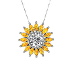 Taşlı Papatya Kolye - Swarovski ve sitrin 8 ayar beyaz altın kolye (40 cm beyaz altın rolo zincir) #1c45m9v