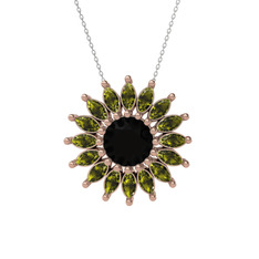 Taşlı Papatya Kolye - Siyah zirkon ve peridot 18 ayar rose altın kolye (40 cm beyaz altın rolo zincir) #1c6e3ra