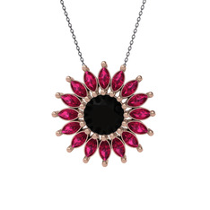 Taşlı Papatya Kolye - Siyah zirkon ve rodolit garnet 925 ayar rose altın kaplama gümüş kolye (40 cm gümüş rolo zincir) #1chqltf