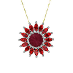 Taşlı Papatya Kolye - Kök yakut ve garnet 18 ayar beyaz altın kolye (40 cm altın rolo zincir) #1crr6lg