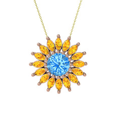 Taşlı Papatya Kolye - Akuamarin ve sitrin 18 ayar rose altın kolye (40 cm altın rolo zincir) #1d35a45