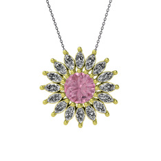 Taşlı Papatya Kolye - Pembe kuvars ve beyaz zirkon 14 ayar altın kolye (40 cm gümüş rolo zincir) #1d417sq