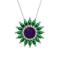 Taşlı Papatya Kolye - Ametist ve yeşil kuvars 8 ayar rose altın kolye (40 cm rose altın rolo zincir) #1d6cpa5