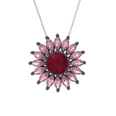 Taşlı Papatya Kolye - Kök yakut ve pembe kuvars 925 ayar siyah rodyum kaplama gümüş kolye (40 cm rose altın rolo zincir) #1d7t6jr