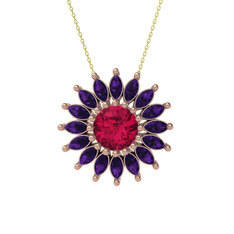 Taşlı Papatya Kolye - Rodolit garnet ve ametist 8 ayar rose altın kolye (40 cm altın rolo zincir) #1dihhmh