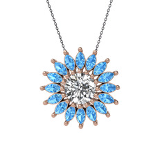 Taşlı Papatya Kolye - Swarovski ve akuamarin 8 ayar rose altın kolye (40 cm gümüş rolo zincir) #1dryejo