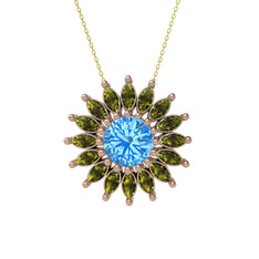 Taşlı Papatya Kolye - Akuamarin ve peridot 18 ayar rose altın kolye (40 cm altın rolo zincir) #1dt1utr