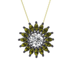 Taşlı Papatya Kolye - Beyaz zirkon ve peridot 925 ayar siyah rodyum kaplama gümüş kolye (40 cm gümüş rolo zincir) #1du2t01