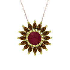 Taşlı Papatya Kolye - Kök yakut ve dumanlı kuvars 14 ayar altın kolye (40 cm rose altın rolo zincir) #1e3px57