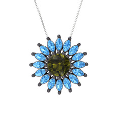 Taşlı Papatya Kolye - Peridot ve akuamarin 925 ayar siyah rodyum kaplama gümüş kolye (40 cm beyaz altın rolo zincir) #1ecgkwf