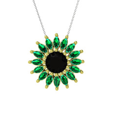 Taşlı Papatya Kolye - Siyah zirkon ve yeşil kuvars 18 ayar altın kolye (40 cm beyaz altın rolo zincir) #1echosd