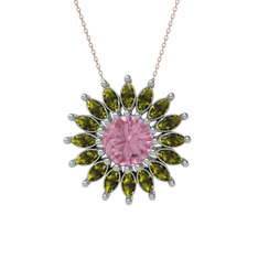 Pembe kuvars ve peridot 925 ayar gümüş kolye (40 cm rose altın rolo zincir)