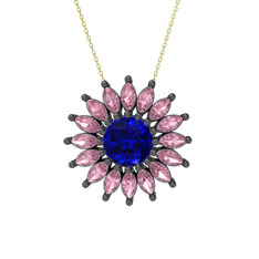 Taşlı Papatya Kolye - Lab safir ve pembe kuvars 925 ayar siyah rodyum kaplama gümüş kolye (40 cm altın rolo zincir) #1esfjli