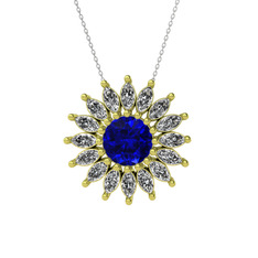 Taşlı Papatya Kolye - Lab safir ve swarovski 18 ayar altın kolye (40 cm beyaz altın rolo zincir) #1ezy6vr