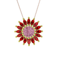 Taşlı Papatya Kolye - Pembe kuvars ve garnet 14 ayar altın kolye (40 cm rose altın rolo zincir) #1f09xgx