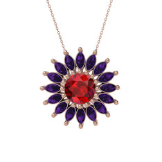 Taşlı Papatya Kolye - Garnet ve ametist 8 ayar rose altın kolye (40 cm rose altın rolo zincir) #1fvz4zv