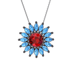 Taşlı Papatya Kolye - Garnet ve akuamarin 925 ayar siyah rodyum kaplama gümüş kolye (40 cm gümüş rolo zincir) #1g2gocs