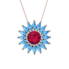 Taşlı Papatya Kolye - Rodolit garnet ve akuamarin 14 ayar beyaz altın kolye (40 cm rose altın rolo zincir) #1g3u7ss