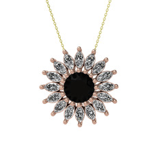 Taşlı Papatya Kolye - Siyah zirkon ve swarovski 8 ayar rose altın kolye (40 cm altın rolo zincir) #1g69bfq