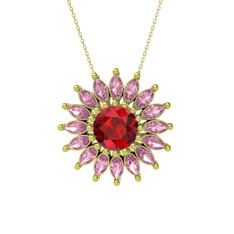 Garnet ve pembe kuvars 8 ayar altın kolye (40 cm altın rolo zincir)