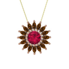 Taşlı Papatya Kolye - Rodolit garnet ve dumanlı kuvars 18 ayar rose altın kolye (40 cm altın rolo zincir) #1gpvq4m