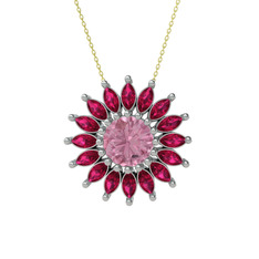Taşlı Papatya Kolye - Pembe kuvars ve rodolit garnet 18 ayar beyaz altın kolye (40 cm altın rolo zincir) #1gqaqq6