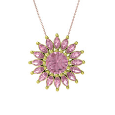 Taşlı Papatya Kolye - Pembe kuvars 14 ayar altın kolye (40 cm rose altın rolo zincir) #1h8743r