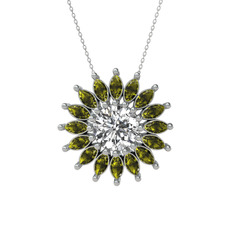 Taşlı Papatya Kolye - Beyaz zirkon ve peridot 8 ayar beyaz altın kolye (40 cm gümüş rolo zincir) #1h8qpup