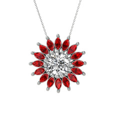 Taşlı Papatya Kolye - Beyaz zirkon ve garnet 14 ayar beyaz altın kolye (40 cm beyaz altın rolo zincir) #1hmx1lu