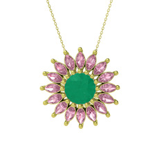 Taşlı Papatya Kolye - Kök zümrüt ve pembe kuvars 8 ayar altın kolye (40 cm altın rolo zincir) #1i2jnej