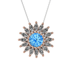 Taşlı Papatya Kolye - Akuamarin ve beyaz zirkon 8 ayar rose altın kolye (40 cm gümüş rolo zincir) #1i8cw5r